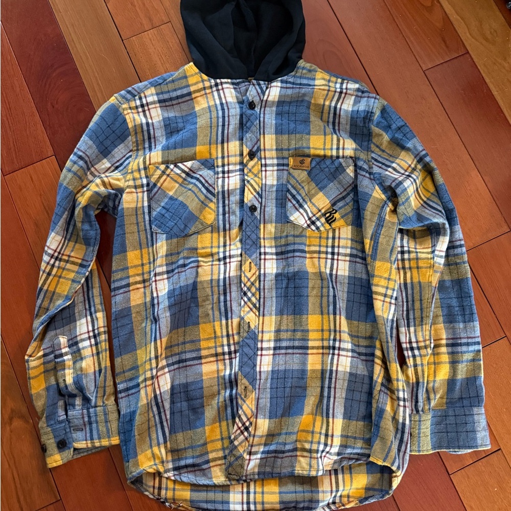 Rocawear Blue and Yellow Plaid Hoodie Shirt